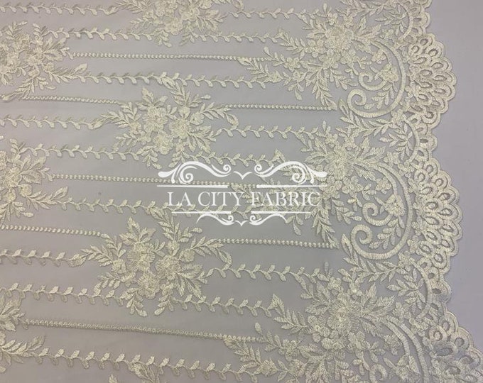 Royalty Fabrics Floral hand beaded design embroider on a mesh lace-prom-sold by the yard. Ivory