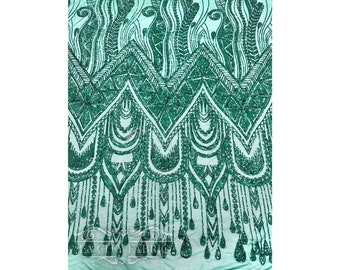 Geometric Hunter Green 4 Way stretch Sequin Fabric By The Yard | Embroidered Lace Mesh Fabric | African Design