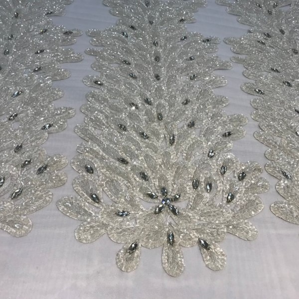 Ivory Elegant Peacock 3D Feathers Beaded Fabric BY The Panels/ Handmade Embroidery Lace Fabric /