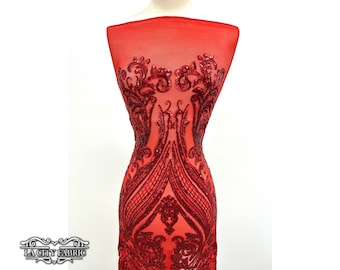 Luxury Red Sequin Embroidered Lace Fabric | 4 Way stretch Spandex Mesh Fabric | Stretch Sequin Fabric | EGP