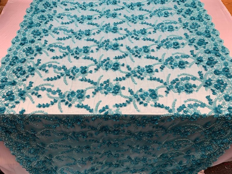 FABRIC By The Yard3D Flowers Beaded Mesh Lace Fabric With Handmade BeadsFloral Embroidery High Quality Lace Wedding Prom DressTurquoise