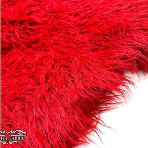 Red Long Pile Mongolian Faux Fur Fabric | By The Yard | Fake Fur Material for Blankets, clothing, jacket and more | 58” Wide