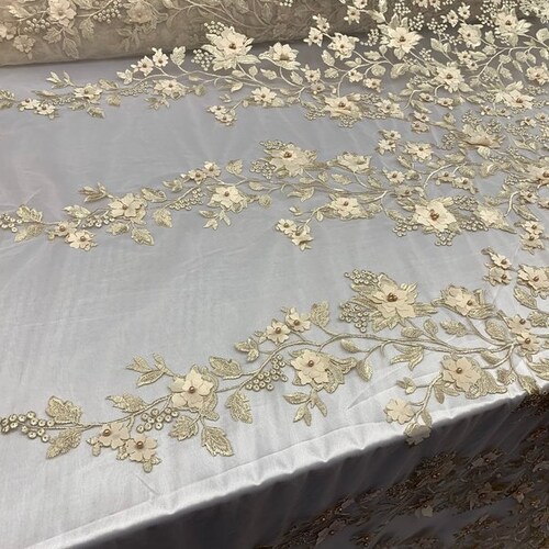 3D floral design embroider with pearls in a mesh lace-sold by the yard. Champagne main image 0