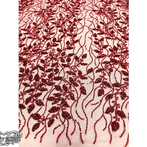 Burgundy Floral Lace Fabric By The Yard | Heavy Beaded Sequin Lace Fabric | Embroidered Lace Fabric