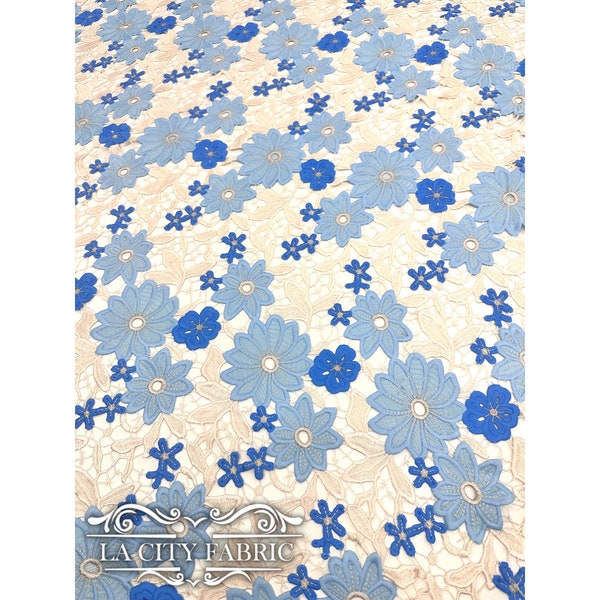 Tissu guipure bleu ciel par mètre | Tissu dentelle florale | Robe de mariée brodée