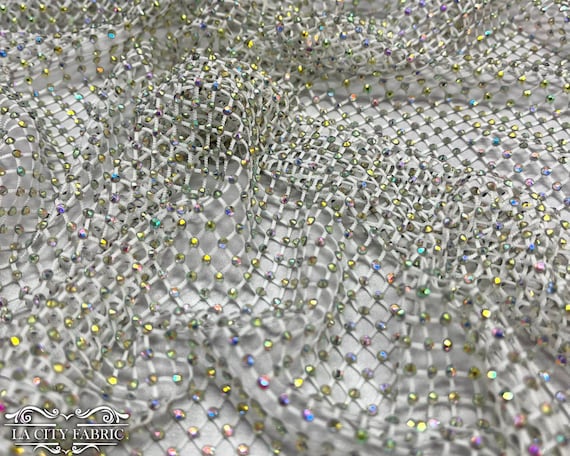 Rhinestones Beaded Fabric By The Yard on Stretch Mesh