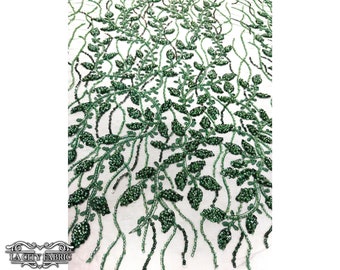 Tissu en dentelle florale vert chasseur par mètre | Tissu en dentelle à sequins perlés lourds | Tissu en dentelle brodée