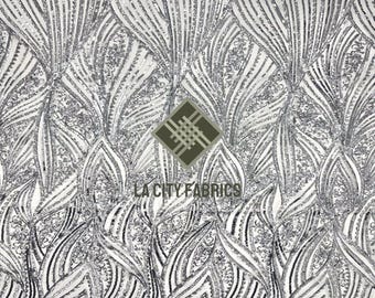 Silver on White Stretch Sequin Fabric Geometric Sequin Fabric By The Yard (MT) Spandex Sequin Fabric