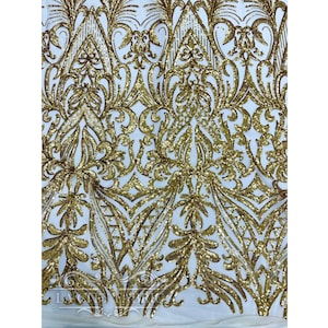 Gold 4 Way Spandex Power mesh Stretch Sequin Fabric | Embroidered Lace Fabric By The Yard | for Prom Dress