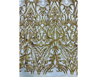 Gold 4 Way Spandex Power mesh Stretch Sequin Fabric | Embroidered Lace Fabric By The Yard | for Prom Dress