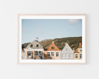 Bergen Wall Art, Norway Wall Art, Colorful Houses, Fine Art Prints, Minimalist Wall Art Print, Modern Scandinavian Wall Decor, Pastel, Gift