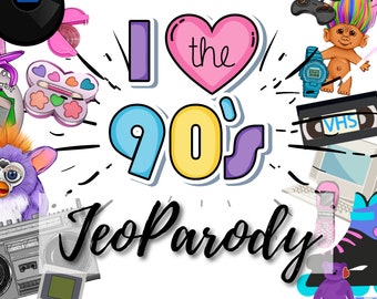 90s Themed Party,Nineties Retro Throwback, Fun Drinking Games, 1990s Birthday Party Games, JeoPARODY, Zoom Games, Powerpoint Game PC + Mac