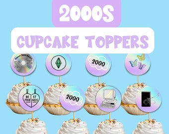 Y2K カップケーキトッパー | 2000年代テーマのパーティーデコレーション（デジタルダウンロード）