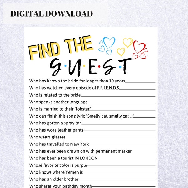 Friends Themed Bridal Shower Game Find The Guest Icebreaker | Friends Theme Games | Friends TV Show Bridal Shower | Printable Games