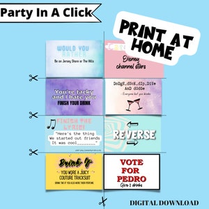 Peut inclure: Un jeu de soci&eacute;t&eacute; num&eacute;rique avec des invites sur des cartes color&eacute;es. Le texte comprend "Would You Rather", "Finish Your Drink", "Finish the Lyric" et "Vote for Pedro". La phrase "Print at Home" est &eacute;galement visible.