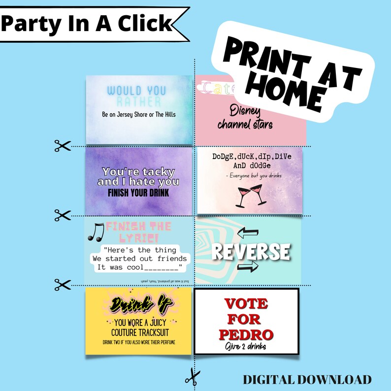 Peut inclure: Un jeu de soci&eacute;t&eacute; num&eacute;rique avec des invites sur des cartes color&eacute;es. Le texte comprend "Would You Rather", "Finish Your Drink", "Finish the Lyric" et "Vote for Pedro". La phrase "Print at Home" est &eacute;galement visible.