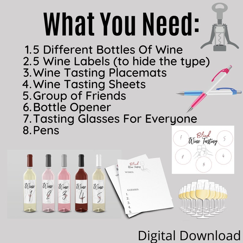 May include: A digital download for a blind wine tasting party. The image shows a list of items needed for the party, including wine bottles, labels, placemats, tasting sheets, glasses, a bottle opener, and pens. The image also shows a printable blind wine tasting sheet with numbered circles for guests to guess the wines.