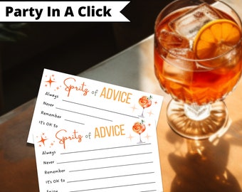 Pode incluir: Dois cartões imprimíveis com o texto "Spritz of Advice" em laranja e preto. Os cartões têm linhas para escrever conselhos. Os cartões são decorados com ilustrações laranja e brancas de um copo de cocktail com uma fatia de laranja.