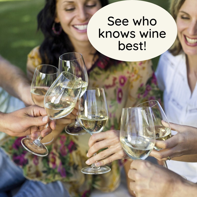 May include: A group of friends raise their glasses of white wine in a toast. The text in the speech bubble says "See who knows wine best!"
