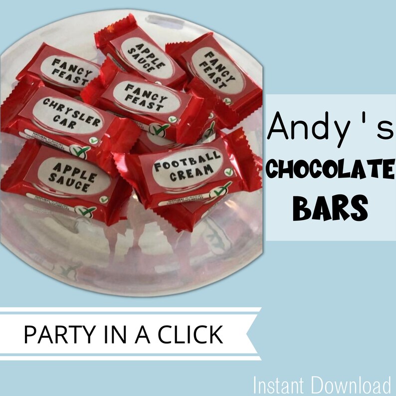 May include: A close-up of a plate of red chocolate bars with various funny names printed on them, such as "Apple Sauce", "Fancy Feast", and "Football Cream". The text "Andy's Chocolate Bars" is printed in black on a white background.