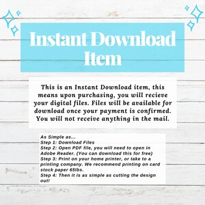Peut inclure: Image avec le texte "Instant Download Item" sur fond bleu clair. Des instructions expliquent comment t&eacute;l&eacute;charger et imprimer des fichiers num&eacute;riques, recommandant du papier cartonn&eacute; de 65 lb pour l'impression.