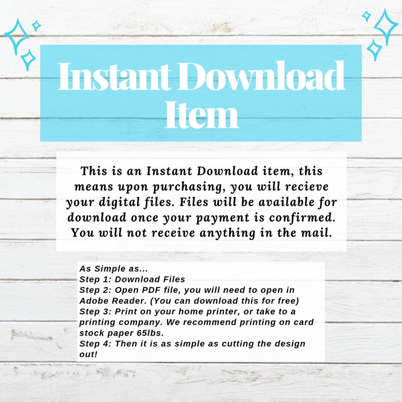 Peut inclure: Image avec le texte "Instant Download Item" sur fond bleu clair. Des instructions expliquent comment t&eacute;l&eacute;charger et imprimer des fichiers num&eacute;riques, recommandant du papier cartonn&eacute; de 65 lb pour l'impression.