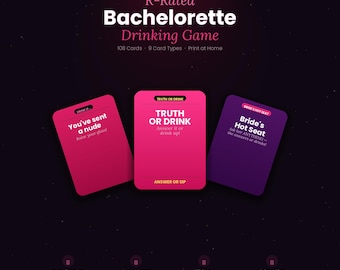 May include: A digital download bachelorette party game with three cards visible. The cards are pink and purple with phrases like "Truth or Drink" and "Bride's Hot Seat". The game includes 108 cards and 9 card types.