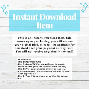 Op de afbeelding: Een blauwe en witte tekstafbeelding op een houtnerf achtergrond. De tekst luidt "Direct Download Item". De afbeelding legt uit dat dit een direct downloadbaar item is, wat betekent dat na aankoop digitale bestanden beschikbaar zijn om te downloaden zodra de betaling is bevestigd. De afbeelding legt ook uit dat de koper niets per post zal ontvangen. De afbeelding bevat ook een lijst met stappen over hoe je de bestanden kunt downloaden en afdrukken.