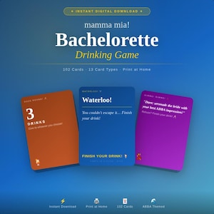 Pode incluir: Um jogo de beber digital para despedida de solteira com fundo azul. O jogo inclui 102 cartas e 13 tipos de cartas. As cartas são laranja, azul e roxo com frases como "Waterloo!" e "Termine a sua bebida!"
