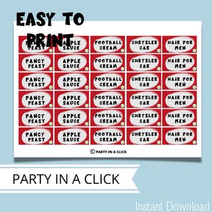 May include: Printable red and white labels with various food and drink names. The labels say "Fancy Feast", "Apple Sauce", "Football Cream", "Chrysler Car", and "Hair for Men".