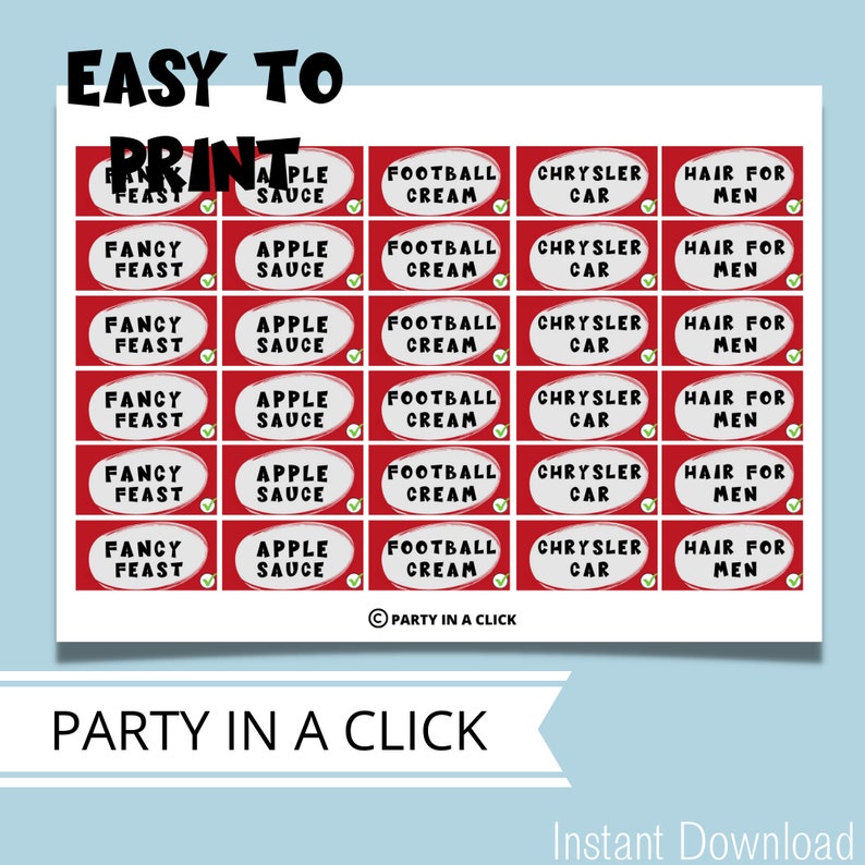 May include: Printable red and white labels with various food and drink names. The labels say "Fancy Feast", "Apple Sauce", "Football Cream", "Chrysler Car", and "Hair for Men".