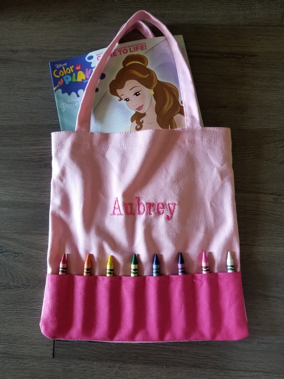 CRAYON TOTE Bag Personalized Toddler or Big Kid Tote WITH Crayon Pocket You choose the Applique