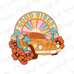 May include: A yellow vintage Volkswagen Beetle with flowers and mushrooms around it. The car has a white background and the text "GOOD VIBES" in a rainbow circle above it.