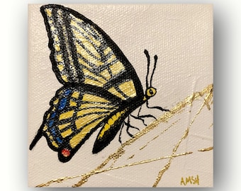 Butterfly, 4” x 4” original painting with gold leaf accent