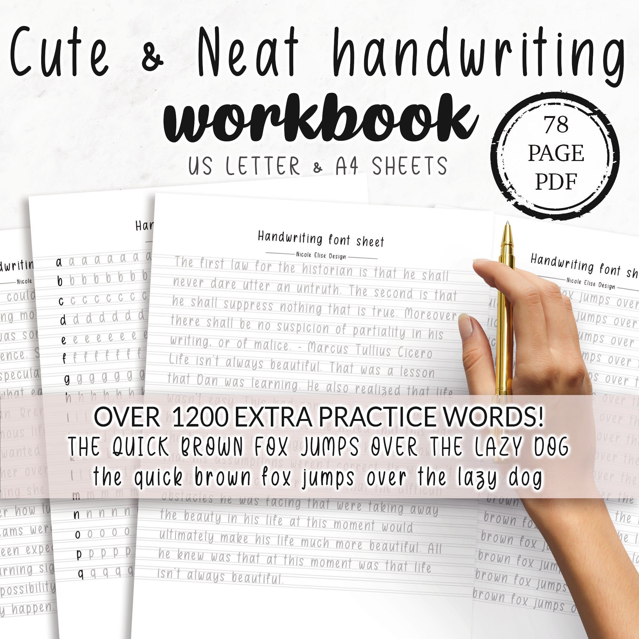 78 page neat cute handwriting practice sheet pdf printable etsy australia