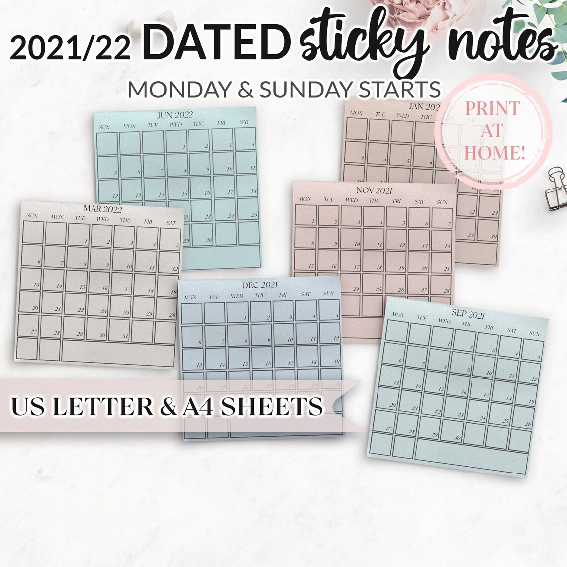 20212022 Printable Monthly Dated Post It Sticky Note Calendar Etsy