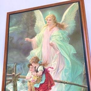 Vintage Guardian Angel Lithograph On Wood By Artist Lindberg Etsy