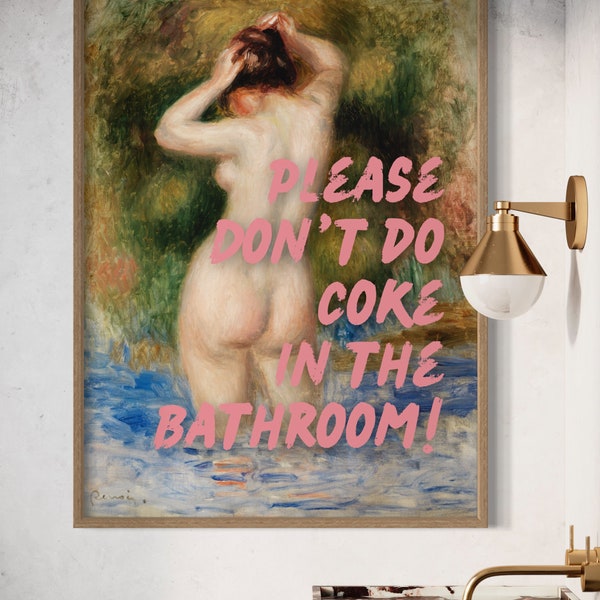 Please Don't Do Coke In The Bathroom Printable Wall Art, Pink Graffiti Altered Art Portrait, Trendy Gallery Wall Print, Maximalist Decor Art