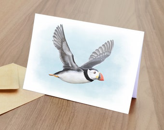 Puffin in Flight Blank Greetings Card  -  British Wildlife