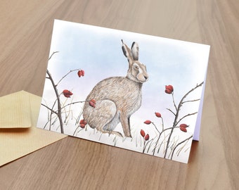 Hare in Snow Blank Greetings Card - British Wildlife