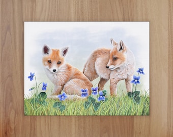 Fox Cubs Wildlife Art Print, A4 or 8x6