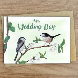 Feliz Dia do Casamento - Cartão de Saudações em Branco com Seios de Cauda Longa - Vida Selvagem Britânica