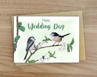 Happy Wedding Day - Long Tailed Tits Blank Greetings Card  -  British Wildlife