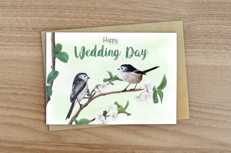 Happy Wedding Day Long Tailed Tits Blank Greetings Card British Wildlife image 1