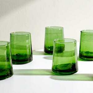 Green Moroccan Beldi Glasses Set of 6 cone Handcrafted Recycled Drinking Glasses Handblown Tumblers Highball Moroccan Cone Glassware