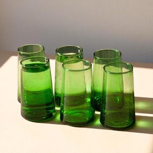 Green Moroccan Beldi Glasses Set of 6 cone Handcrafted Recycled Drinking Glasses Handblown Tumblers Highball Moroccan Cone Glassware
