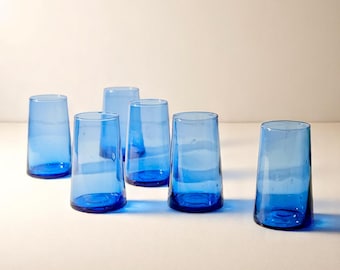 Moroccan blue Highball cone tall Beldi drinking glasses cobalt handblown tumbler Royal Blue drinking glass colored  Midcentury Barware