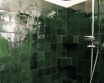 Handmade Moroccan Green Tile Zellige Tile Emerald Green Square Fireplace Handmade Tiles Backsplash Bathroom Wall Tile Hunter Green zelige