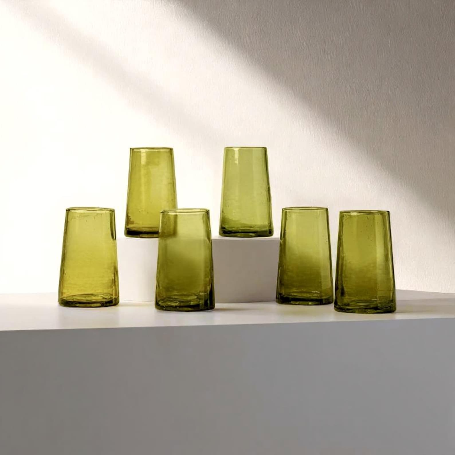 Large Olive Cone Moroccan Beldi Colored Drinking Glasses Recycled Glass Tumblers for Sustainable Living colored Midcentury Barware