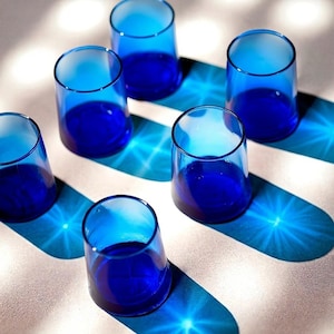 Short Cobalt Blue Cone Moroccan Highball beldi drinking glasses handblown tumbler cerulean beldi glasses set of 6 small recycled glassware